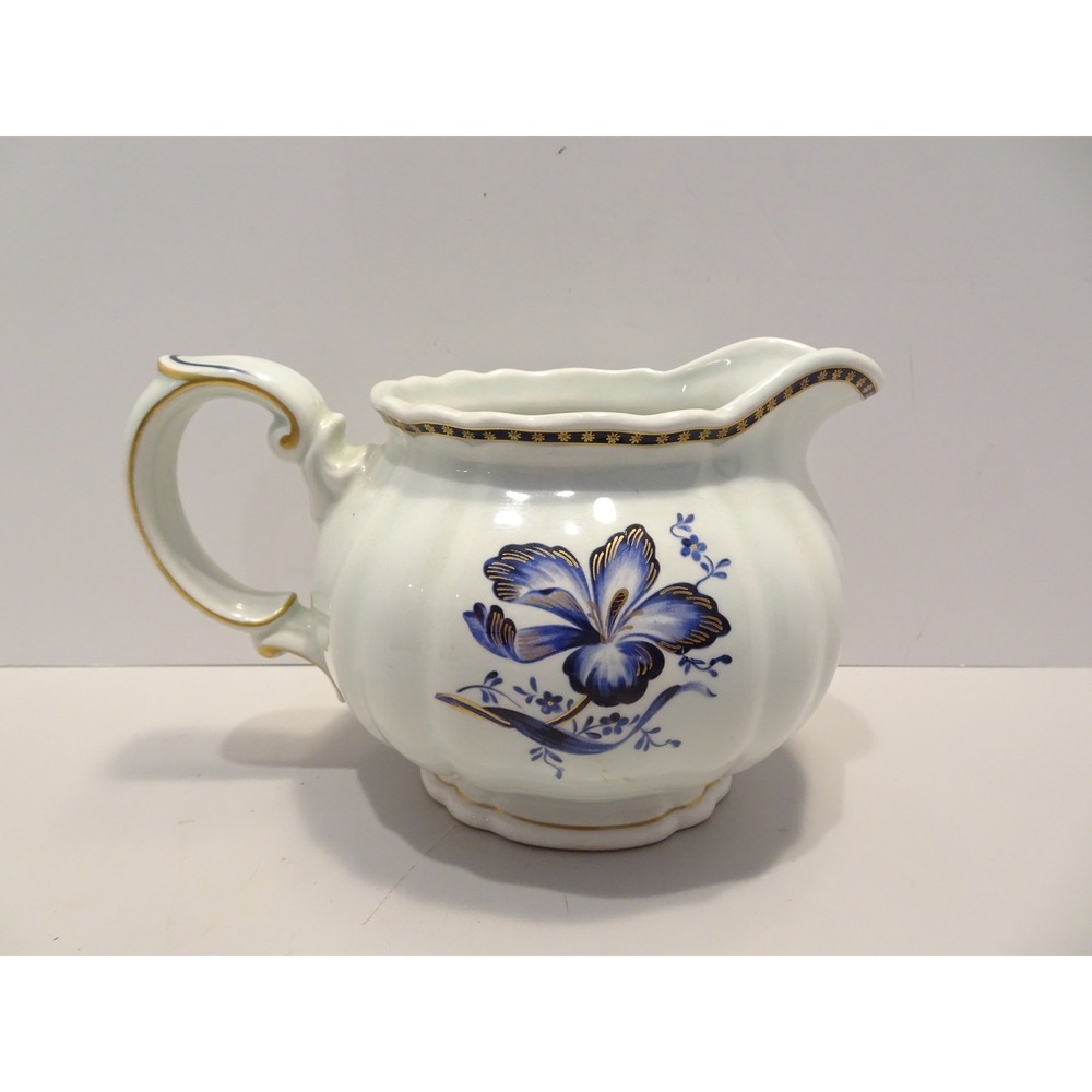 Rorstrand Sweden Porcelain Milk Jug Pitcher Blue Floral Gold Gilt Scalloped Rim